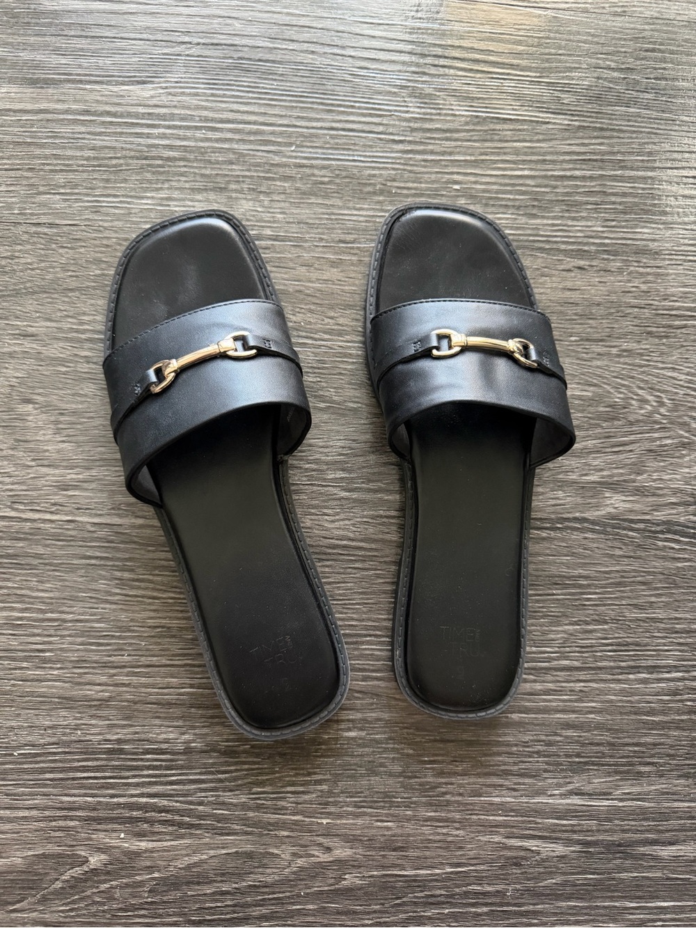 Time and Tru Black Slide Sandals with Gold Bit Detail